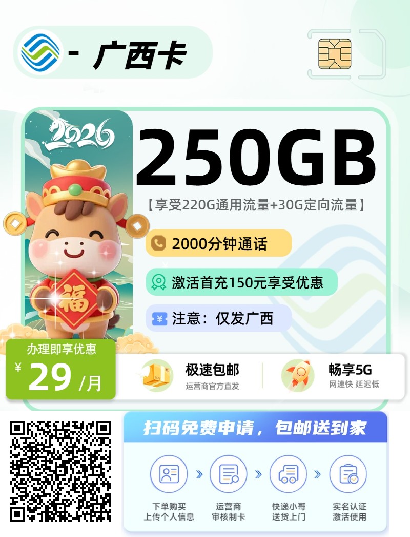 2026年(最新)广西流量卡推荐高性价比，联通移动电信广电卡，每日更新，免费申请