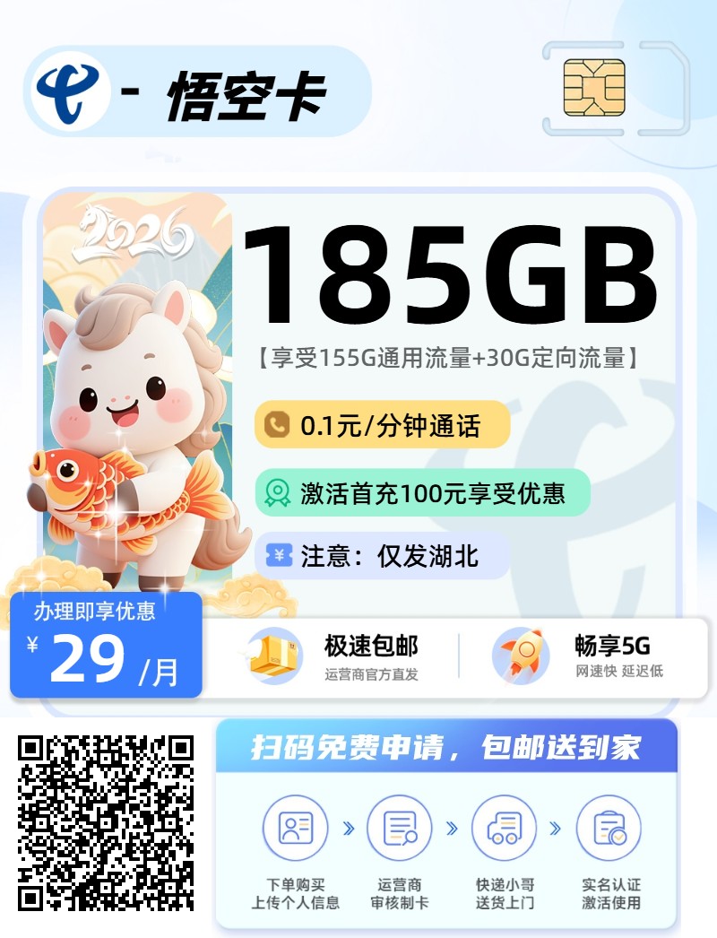 2026年(最新)湖北流量卡推荐高性价比，联通移动电信广电卡，每日更新，免费申请